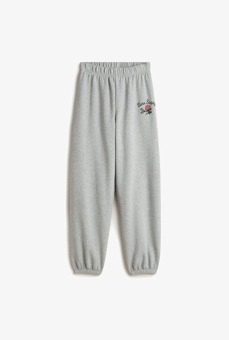 Gray sweatpants made of soft fabric, featuring an elastic waistband and cuffs. Embroidered design on the upper left side.