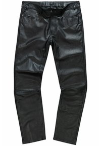 Schwarze Lederhosen mit glatter Textur, fünf Taschen und Steppdetails an den Seiten. Vorderer Reißverschluss und Knopfverschluss.