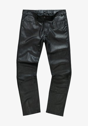 Schwarze Lederhosen mit glatter Textur, fünf Taschen und Steppdetails an den Seiten. Vorderer Reißverschluss und Knopfverschluss.