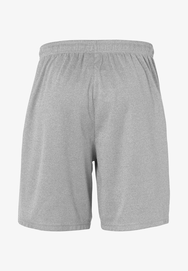 Grijze sportshorts gemaakt van lichtgewicht materiaal, met een elastische tailleband en een eenvoudige, gladde textuur. Geen zichtbare zakken of patronen.