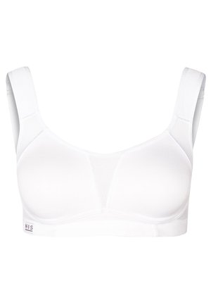 Weißer BH aus glattem Material. Mit nahtlosem Design, breiten, verstellbaren Trägern und einem Mesh-Einsatz in der Mitte für Atmungsaktivität.