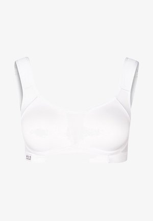 Weißer BH aus glattem Material. Mit nahtlosem Design, breiten, verstellbaren Trägern und einem Mesh-Einsatz in der Mitte für Atmungsaktivität.