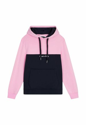 Sweat à capuche avec une partie supérieure rose et une partie inférieure bleu marine, comportant une poche kangourou à l'avant et des cordons de serrage avec des accents argentés.