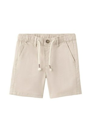 Svetlobéžové bavlnené šortky s elastickým pásom, zapínaním na gombík, bielym šnúrkou a prednými vreckami.