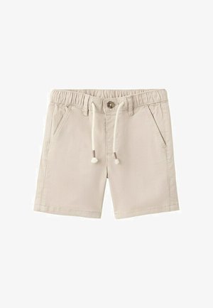 Lysebeige bomuldsshorts med elastisk taljebånd, knaplukning, hvid snor til justering og forlommer.