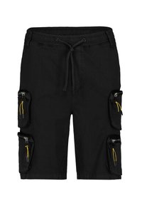 Black cargo shorts with an elastic waistband, drawstring, multiple zippered pockets, and yellow accents on the zippers.