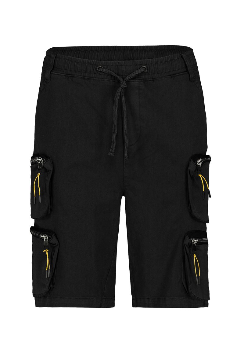 Black cargo shorts with an elastic waistband, drawstring, multiple zippered pockets, and yellow accents on the zippers.