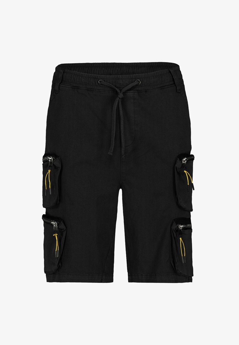 Black cargo shorts with an elastic waistband, drawstring, multiple zippered pockets, and yellow accents on the zippers.