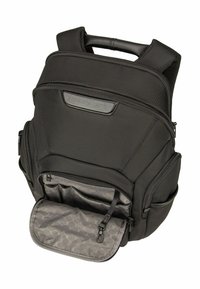 Sac à dos Porsche Design noir avec poignée rembourrée, plusieurs compartiments zippés et poche avant ouverte montrant des fentes d'organisation et un clip pour clés.