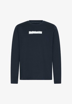 Maglietta blu navy a maniche lunghe con scollo rotondo e logo rettangolare bianco con la scritta "BLEND CPH" e "Original Denim Since 1993" sul petto.