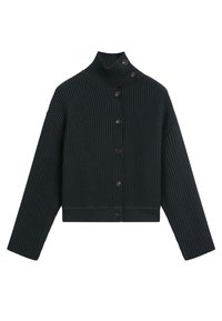 Schwarze, gerippte Strickjacke mit hohem Kragen, langen Ärmeln und asymmetrischem Knopfverschluss mit sieben dunklen Knöpfen.