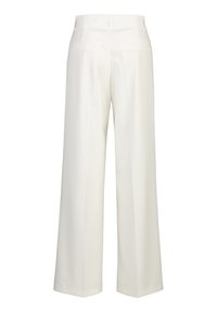 Witte wijdvallende broek met een rechte snit, voorzien van twee achterzakken, een platte voorkant en een gladde stoffen textuur, ontworpen voor comfort.