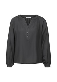 Blusa grigia scura con scollatura a V, plastron con tre bottoni, maniche lunghe e vestibilità morbida con una texture liscia.