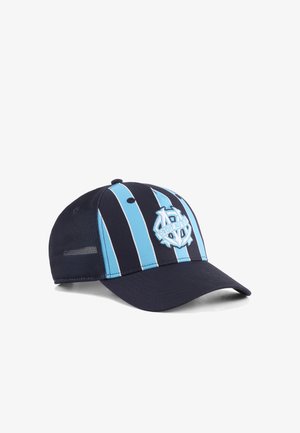 Marineblå baseballkasket med lyseblå striber og en cirkulær logo med tekst i midten foran, netbagpaneler og buet skygge.