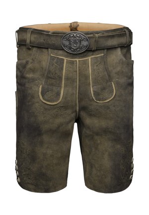 Shorts en cuir marron foncé avec une broderie complexe, un passepoil beige le long des poches et des boutons décoratifs sur les côtés. Boucle en métal incluse.