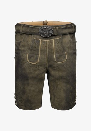 Shorts en cuir marron foncé avec une broderie complexe, un passepoil beige le long des poches et des boutons décoratifs sur les côtés. Boucle en métal incluse.