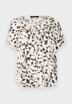 Short-sleeve, button-up blouse in off-white with black floral design. Features a V-neck and soft, lightweight fabric.