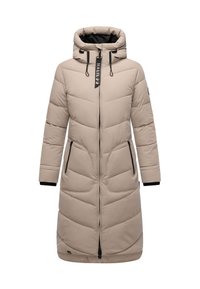 Manteau d'hiver beige long et rembourré avec capuche, fermeture éclair à l'avant, deux poches zippées et cordons de serrage réglables au col.