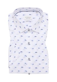 Witte shirt met blauw patroon, gestructureerde kraag, lange mouwen en knoopsluiting aan de voorkant. Het materiaal lijkt glad en lichtgewicht met een moderne pasvorm.