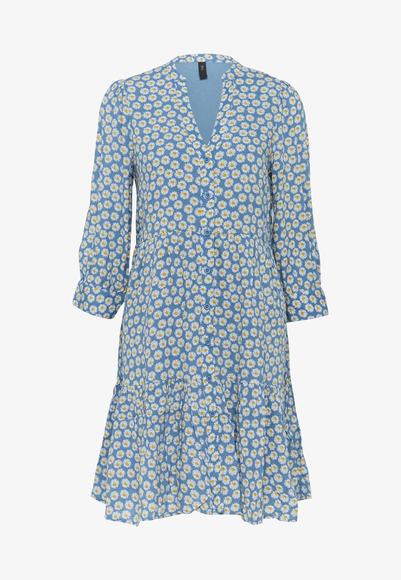 Robe bleue avec motif marguerite blanc et jaune, manches longues, boutonnée sur le devant et ourlet de jupe à volants.