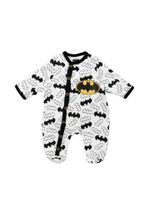 White baby onesie with black bat patterns, featuring a yellow Batman logo on the chest and black accents along the collar and buttons.