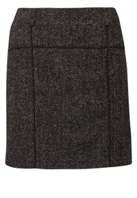 Falda de mezcla de lana en marrón oscuro y gris con un acabado texturizado, con detalles cosidos y un diseño recto.