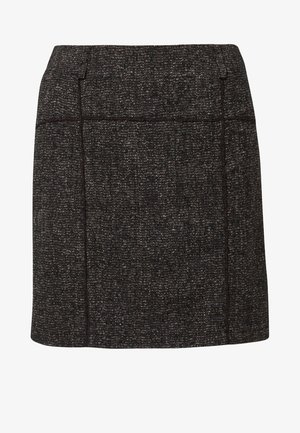 Sukně z vlněné směsi v tmavě hnědé a šedé barvě s texturovaným povrchem, s prošitými detaily a přímým střihem.