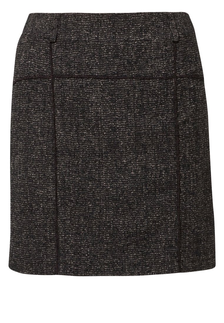Falda de mezcla de lana en marrón oscuro y gris con un acabado texturizado, con detalles cosidos y un diseño recto.