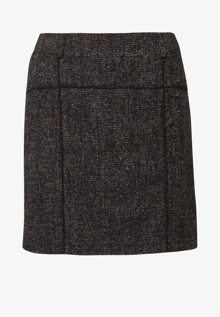 Falda de mezcla de lana en marrón oscuro y gris con un acabado texturizado, con detalles cosidos y un diseño recto.