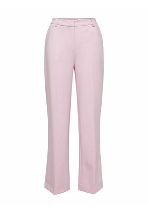 Ανοιχτό ροζ κομμένα παντελόνια με ίσια γραμμή, διαθέτοντας επίπεδη μπροστινή όψη, θηλιές ζώνης και δύο πλάγιες τσέπες. Λείο υλικό, χωρίς εμφανή σχέδια.