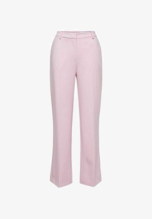 Gaiši rozā pielāgojami bikses ar taisno kāju, ar plakanu priekšpusi, jostas cilpām un divām sānu kabatām. Gluda tekstūra, nav redzamu rakstu.