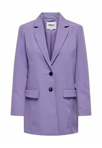 Blazer pour femme couleur lavande avec col cranté, deux boutons noirs, poches à rabat et manches longues, présenté sur un fond blanc.