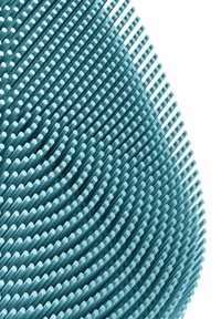 Gekrümmte Oberfläche, dicht bedeckt mit gleichmäßig angeordneten vertikalen blauen Stäben mit weißen abgerundeten Spitzen auf weißem Hintergrund.