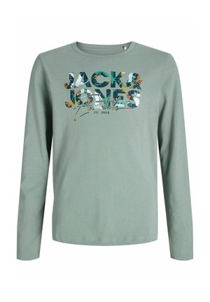 Long-sleeve, light green cotton shirt featuring a multi-colored graphic print with the text "JACK & JONES Essentials" on the front.