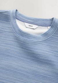 Pull à col ras du cou en maille côtelée bleu clair avec une doublure intérieure blanche et une étiquette de la marque "NEXT" cousue à l'intérieur du col.