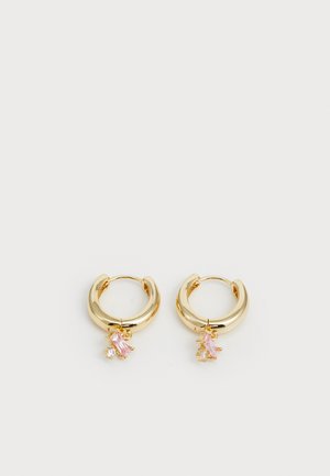 Gold hoop earrings with pink and clear gemstone accents, featuring a smooth, polished finish and a chunky circular shape.