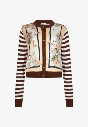 Kurz geschnittener Cardigan mit floralem Muster auf cremefarbenem Hintergrund und marineblauen Streifen. Brauner, gerippter Saum und Knopfverschluss-Detail.