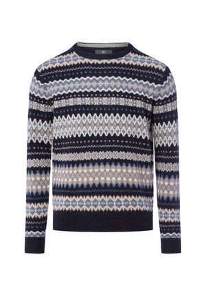 Navyblau gestrickter Pullover mit einem gemusterten Design in Hellblau, Beige und Weiß. Runder Ausschnitt und lange Ärmel.