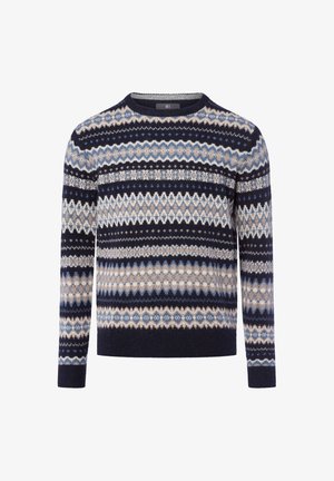 Sweter dzianinowy w granatowym kolorze z wzorzystym wzorem w odcieniach jasnoniebieskiego, beżowego i białego. Okrągły dekolt i długie rękawy.