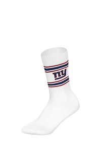 Biała sportowa skarpeta z czerwono-niebieskimi paskami na górze i logo "NY" w kolorze granatowym. Wykonana z gładkiego, elastycznego materiału dla komfortu.