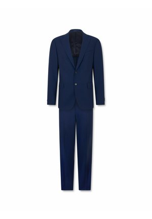 Donker marineblauw mannenpak in twee delen met een colbert met enkele rij knopen en bijpassende broek, getoond tegen een witte achtergrond.