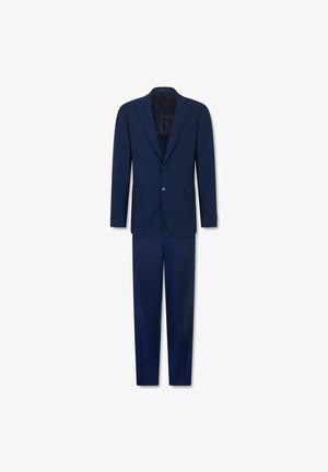 Donker marineblauw mannenpak in twee delen met een colbert met enkele rij knopen en bijpassende broek, getoond tegen een witte achtergrond.