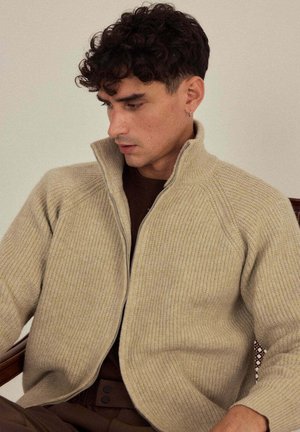 Pull beige à fermeture éclair avec côtes texturées, col montant et manches raglan. Porté sur une chemise marron, avec des accents en bois foncé en arrière-plan.