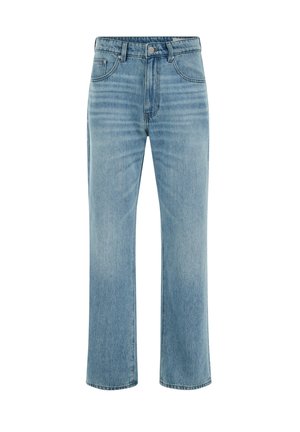 Lichtblauwe denim jeans met een rechte pasvorm, vijf zakken en een knoopsluiting in de taille. Subtiele vervaging en wrijfstrepen als detail.