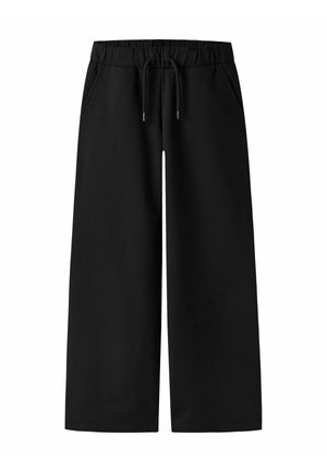 Pantalons de survêtement noirs à jambes larges en tissu doux, avec une taille élastique à cordon de serrage et des poches latérales, texture lisse et design minimaliste.