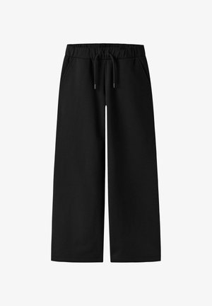 Zwarte wijde sweatpants gemaakt van zachte stof, met een elastische tailleband met trekkoord en zijzakken, een soepele textuur en een minimalistisch ontwerp.
