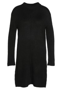 Abito in maglia nero a maniche lunghe con polsini a costine e scollo alto, di lunghezza a metà coscia, esposto su sfondo bianco.