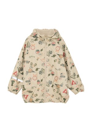 Giacca a cappuccio beige per bambini con cerniera frontale, polsini elastici, banda riflettente sulla manica e spille colorate con stampe giocose e testi.