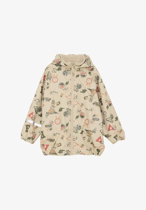 Beżowa dziecięca kurtka z kapturem, zapinana z przodu na zamek, z elastycznymi mankietami, odblaskowym paskiem na rękawie oraz kolorowymi, zabawnymi naszywkami i nadrukami tekstowymi.