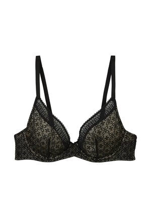 Soutien-gorge en dentelle noire avec des bonnets transparents ornés de motifs floraux, des bretelles réglables et une bande lisse pour un soutien optimal. Design axé sur les détails.